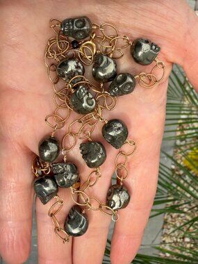 Goth, punk pyrite skull and 14K gold fill chain necklace, 24"
